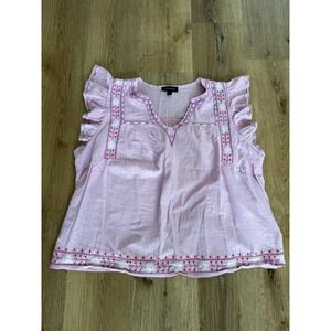Calligraphie Embroidered Blouse Womens XL Pink Ruffle Sleeve Cotton Cottagecore